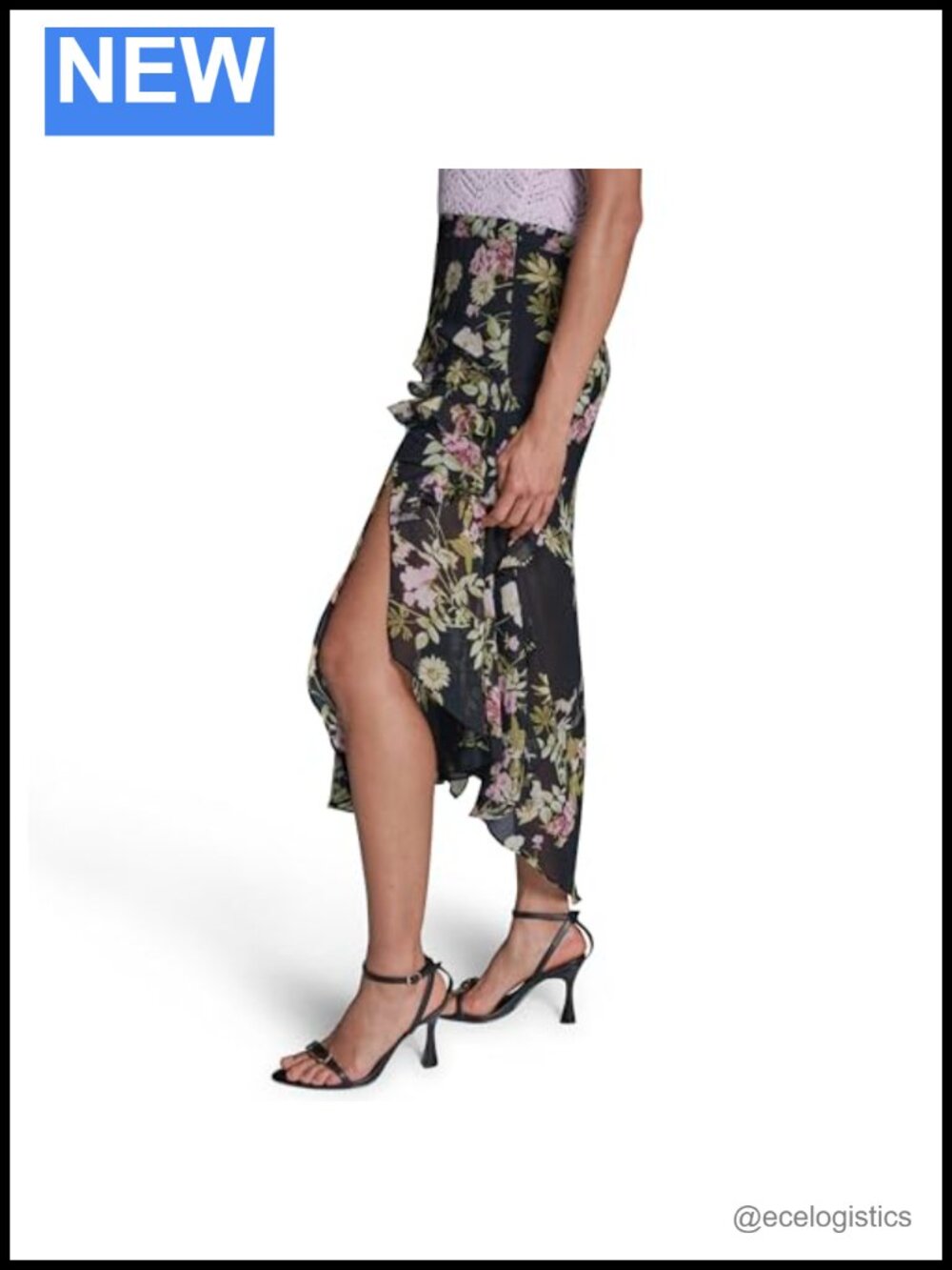 Midi Ruffle Skirt High Rise Zip Closure Polyester - Picture 2 of 4
